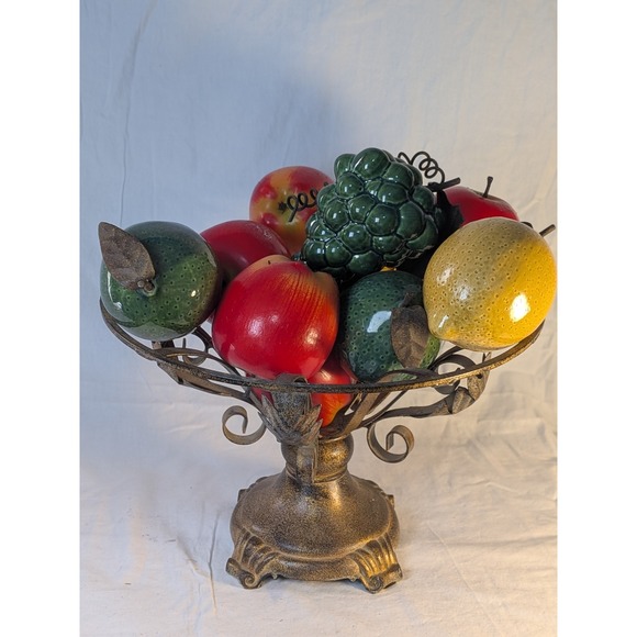 Other - Vintage Ornate Metal Pedestal Fruit Bowl Centerpiece with Ceramic Faux Fruit